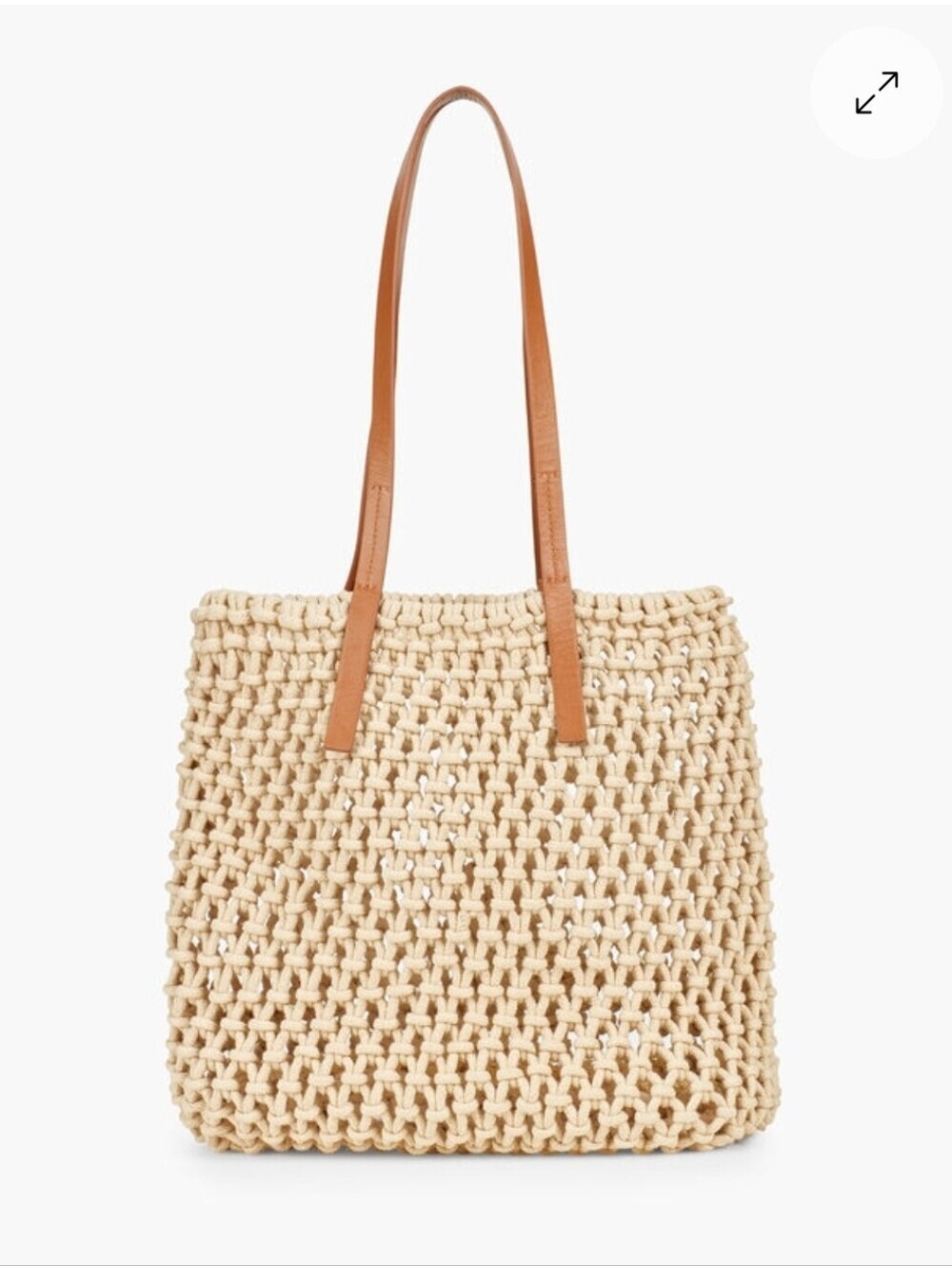 Crochet Cotton Oversized Tote Bag Tan Leather Straps Boho Beach Vacation Resort